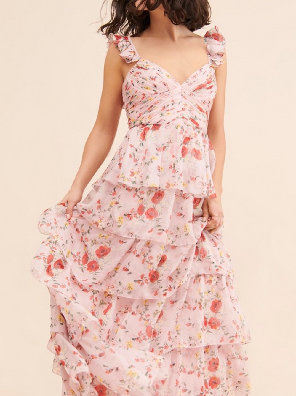Ieena Mac Duggal Floral Ruffled Sleeveless Draped Maxi Dress Size 16 - Picture 3 of 12